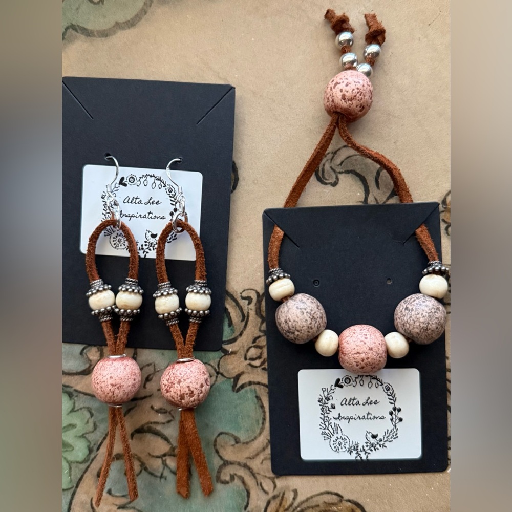 Leather, Stone, Buffalo Bone & Sterling Silver Earring & Bracelet Set-Made by Me